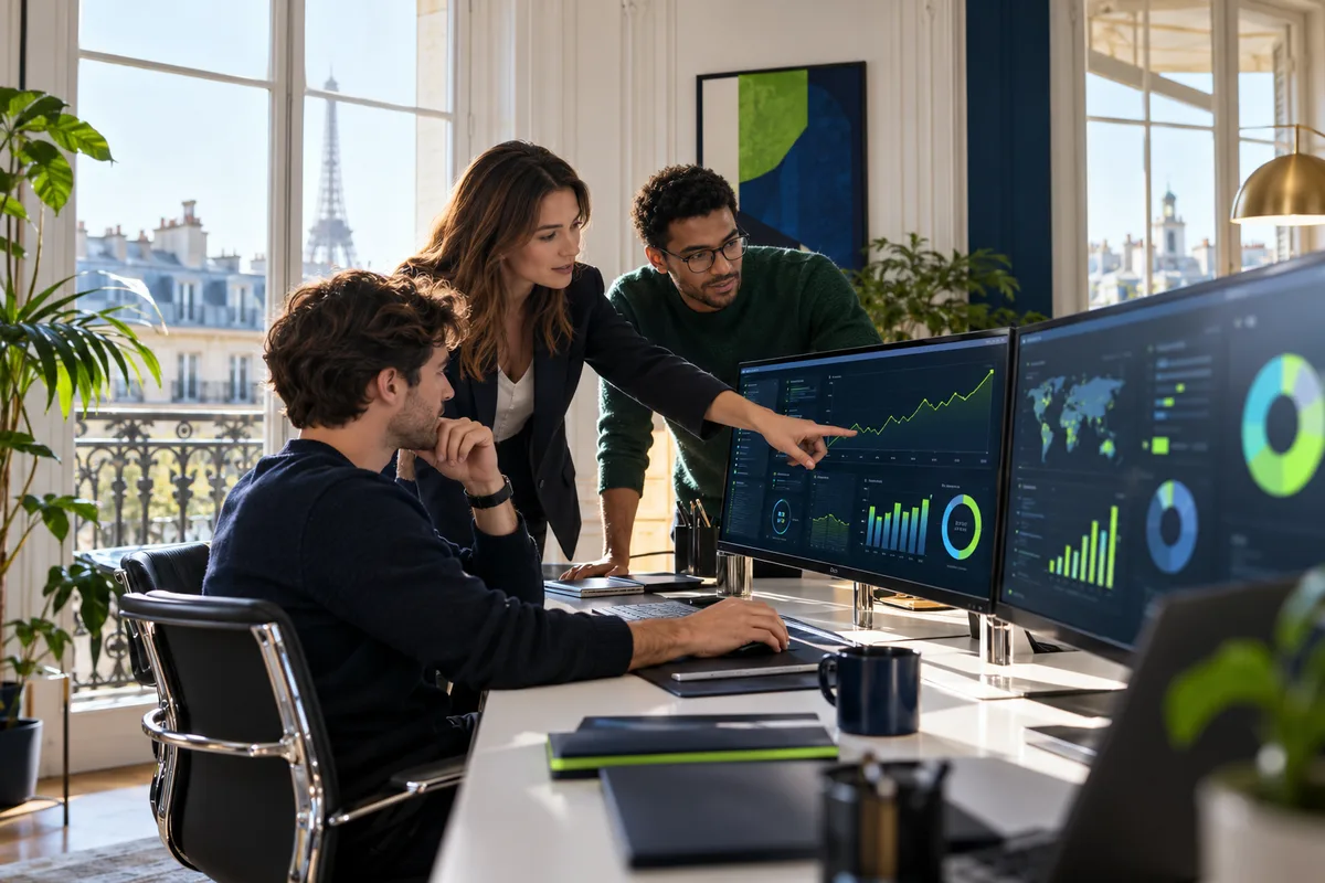 OSEH Marketing, agence de génération de leads à Paris Équipe OSEH Marketing analysant des campagnes d'acquisition dans son bureau parisien